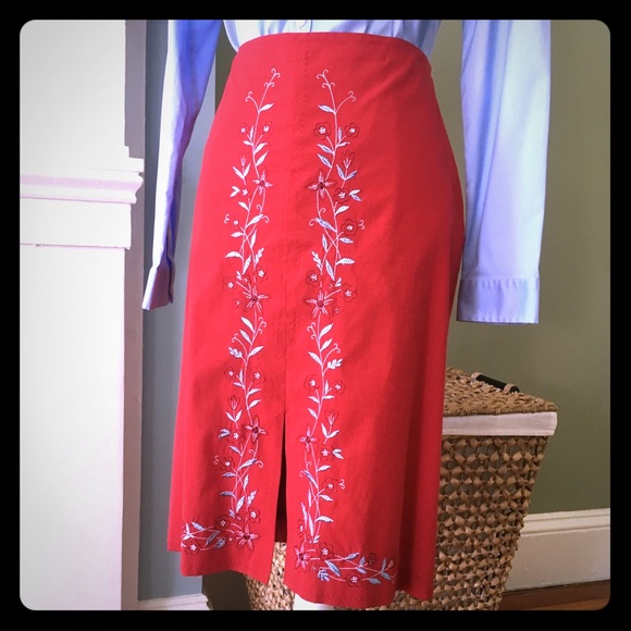 Ann Taylor Dresses & Skirts - Ann Taylor Red Skirt with Embroidery Detail
